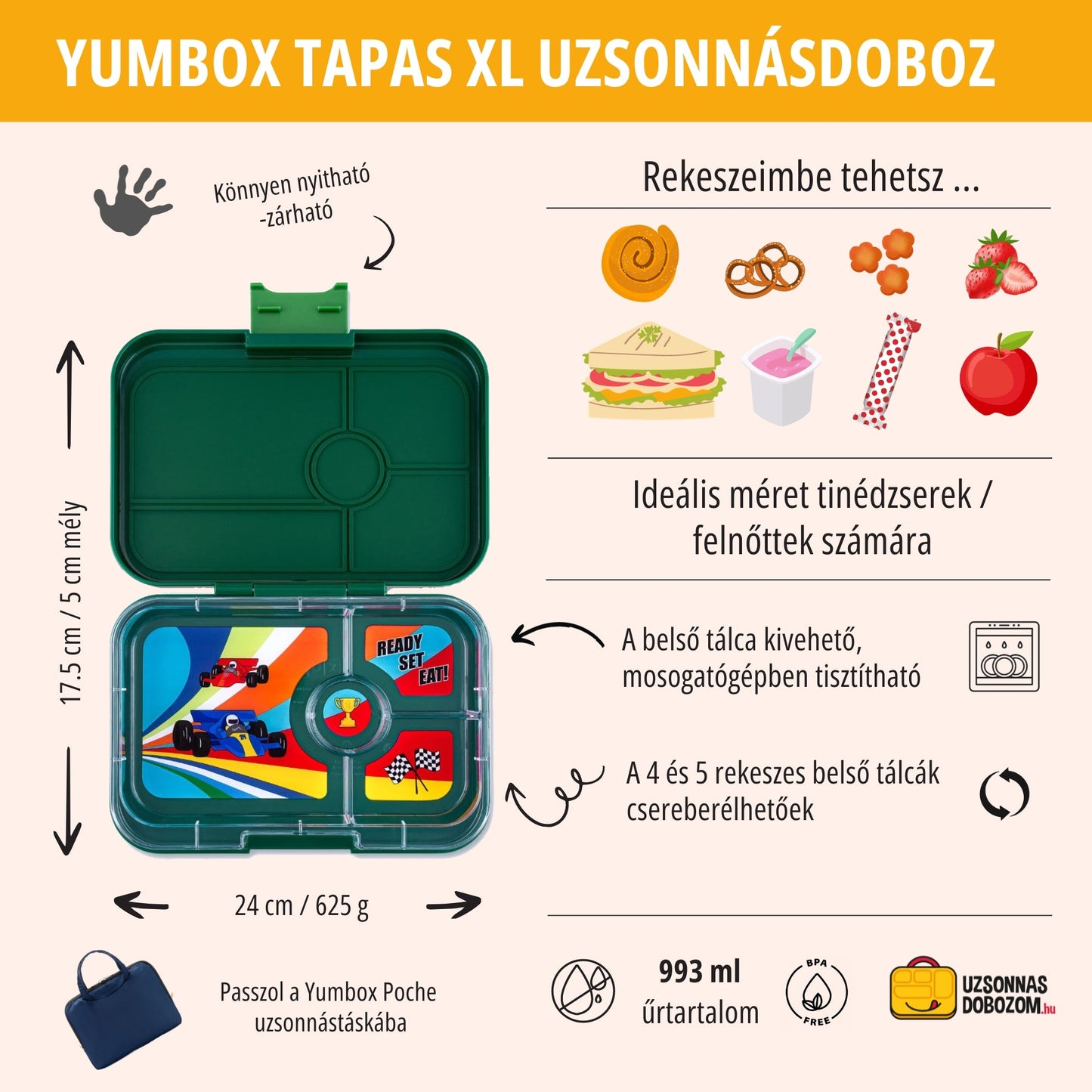Yumbox Tapas XL Greenwich green / Race Cars (4 compartimente)