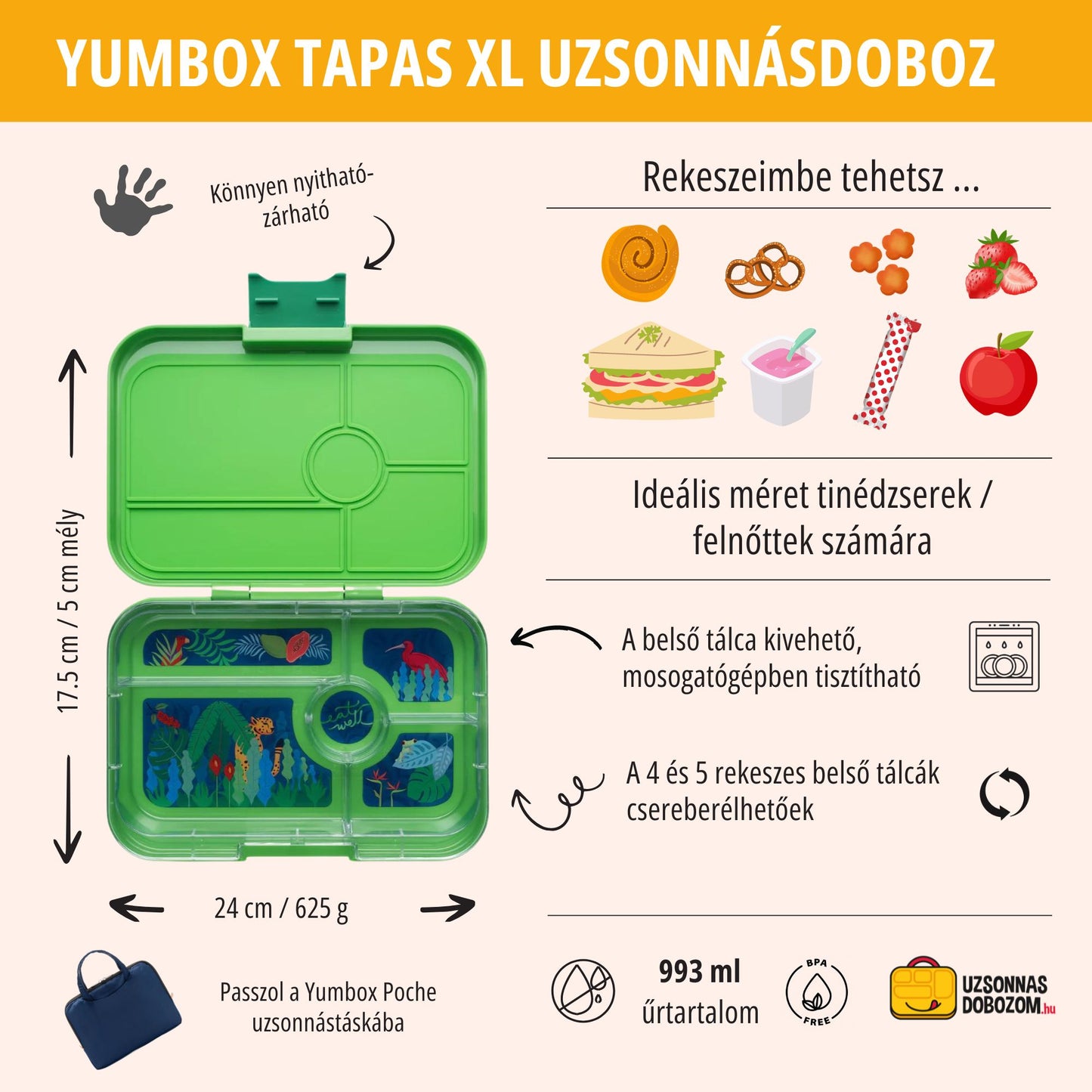 Yumbox Tapas XL Verde Palmier / Junglă (5 compartimente)