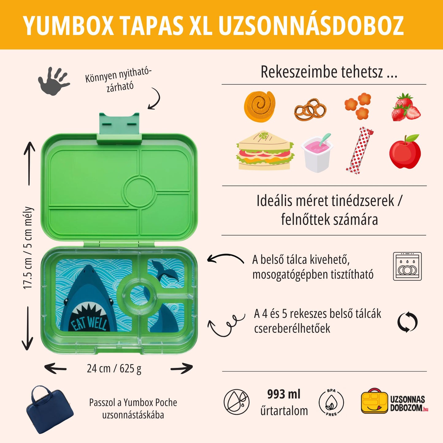 Yumbox Tapas XL Verde Jurassic / Rechin (4 compartimente)