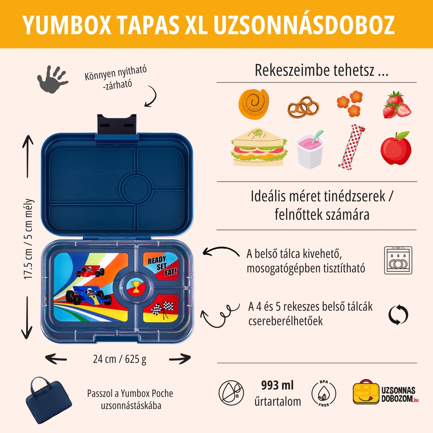Yumbox Tapas XL Monte Carlo albastru / Mașini de curse (4 compartimente)