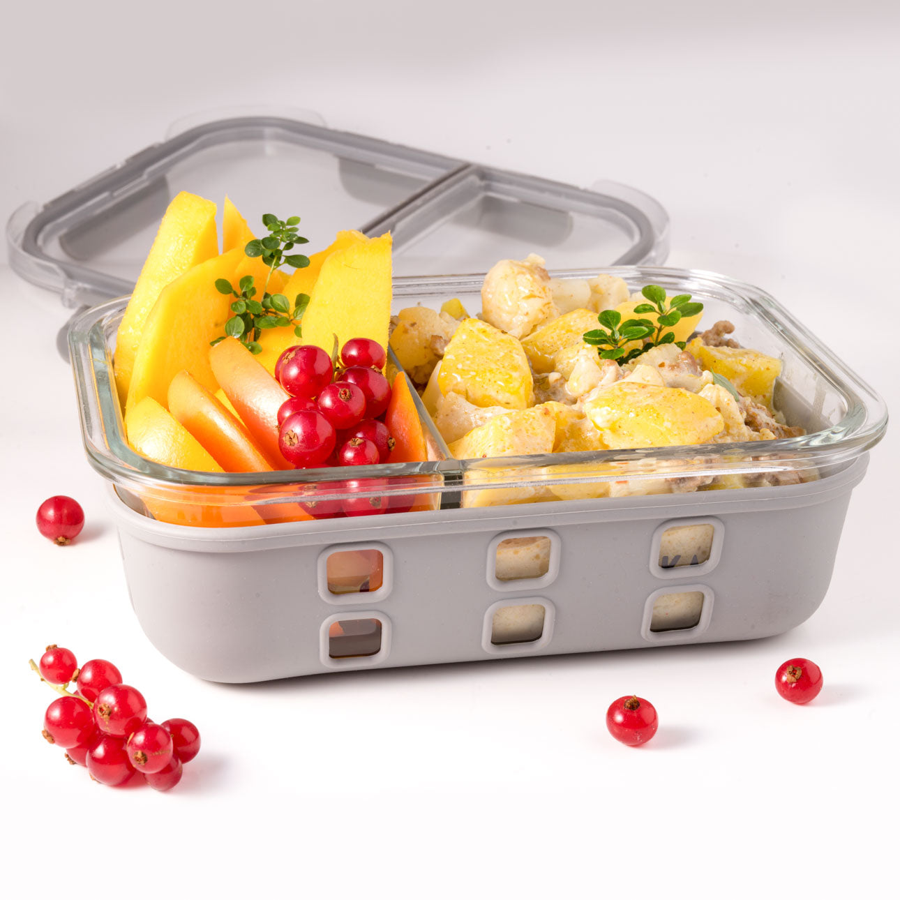 Recipient alimentar din sticlă cu 2 compartimente Lekkabox Prep - 900 ml