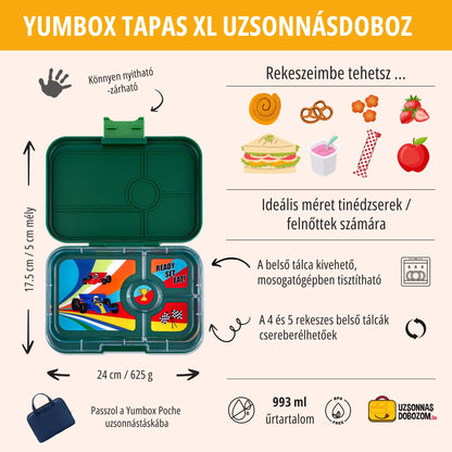 Yumbox Tapas XL Greenwich green / Race Cars (4 compartimente)