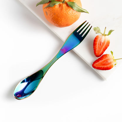 Lingură-furculiță mare din oțel inoxidabil, cu finisaj curcubeu (19 cm)