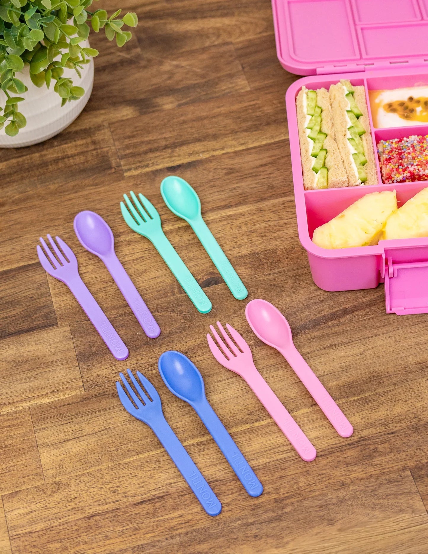 Set furculiță și lingură Montii - Burst (portocaliu, verde, albastru)