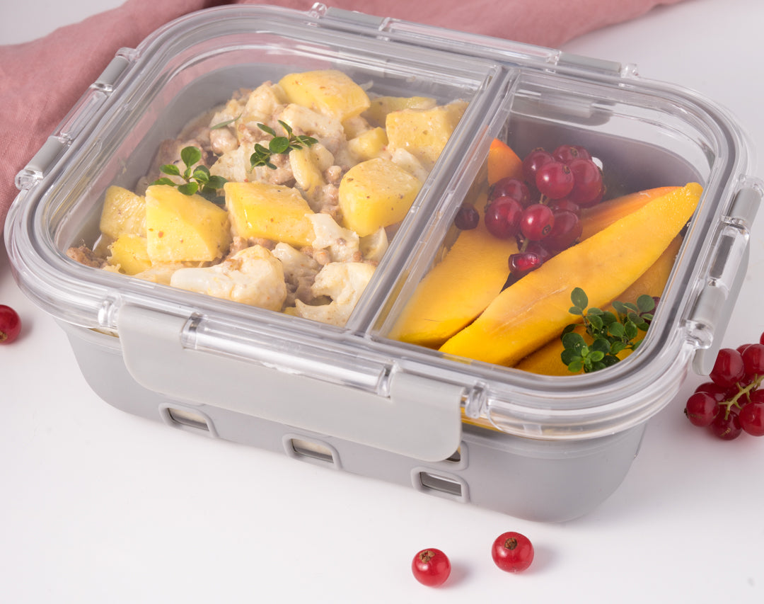 Recipient alimentar din sticlă cu 2 compartimente Lekkabox Prep - 900 ml