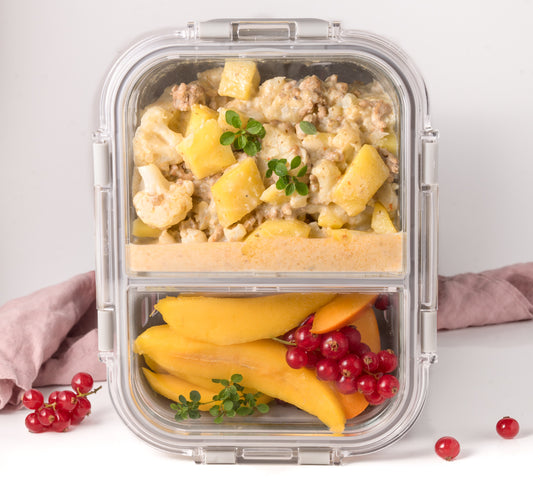 Recipient alimentar din sticlă cu 2 compartimente Lekkabox Prep - 900 ml