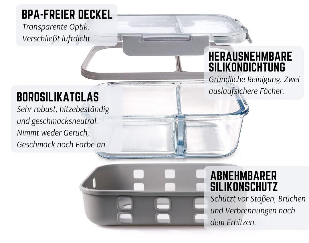 Recipient alimentar din sticlă cu 2 compartimente Lekkabox Prep - 900 ml