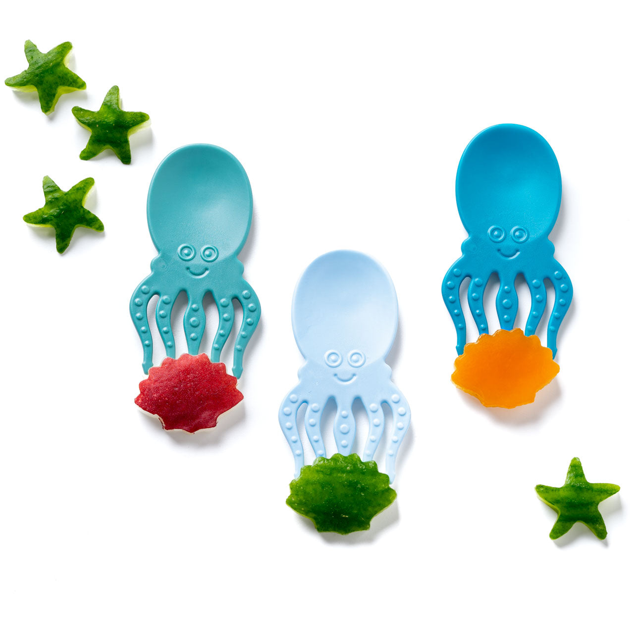 Set 3 furculițe-lingurițe în formă de caracatiță (diverse culori)